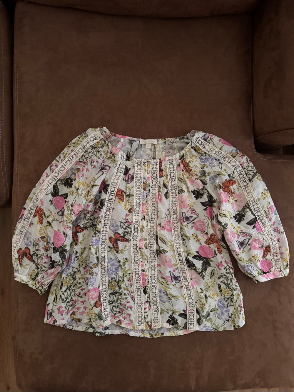 Fig & Flower Floral Lace-Trim Puff Sleeve Top NWT Size Small